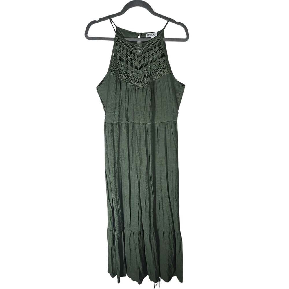 Luxology Halter Maxi Dress Olive Green A-lined Double Lined Womens Large